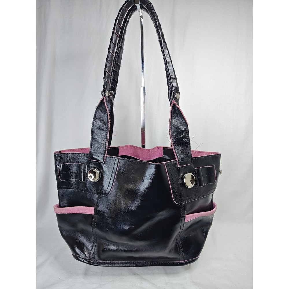 B Makowsky Lites Leather Tote Bag Burbank Black Pink Suede Shoulder Purse Medium